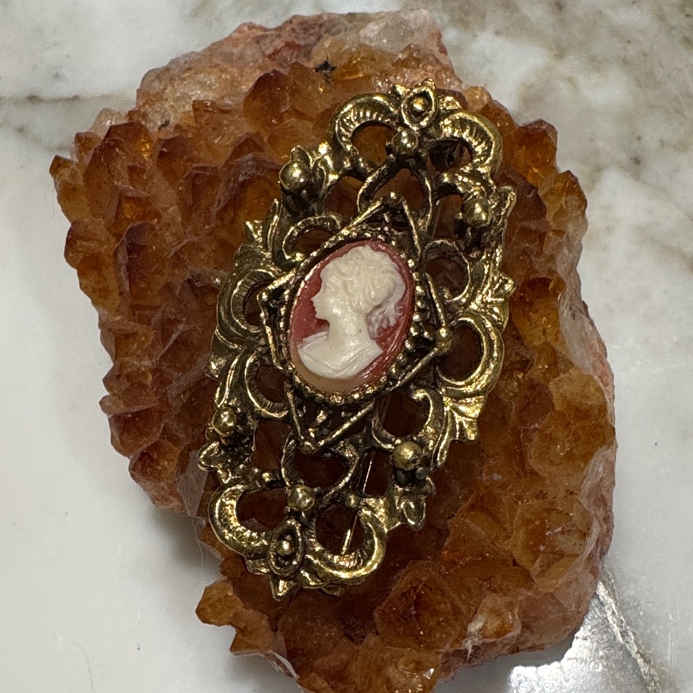 Vintage Gold and Red Cameo Brooch